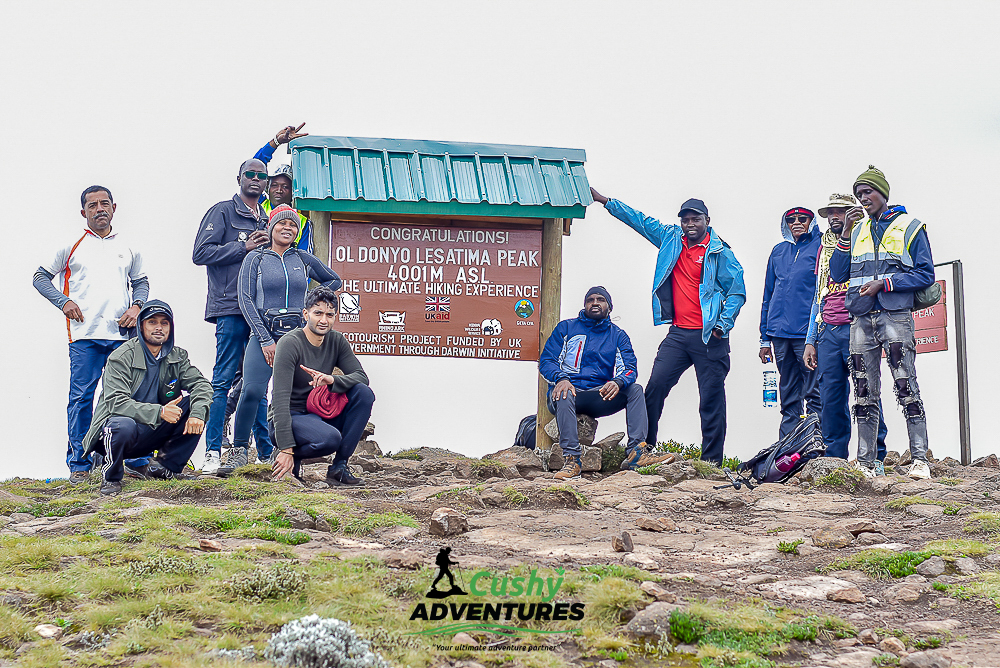 Cushy hikers at new Mount Satima summit board
