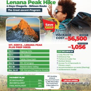 Poster showing the Great Ascent Hiking Program itinerary with Mt. Kenya training program prep hikes from Ngong Hills to Mackinder’s Valley, leading to a December 2025 summit attempt.