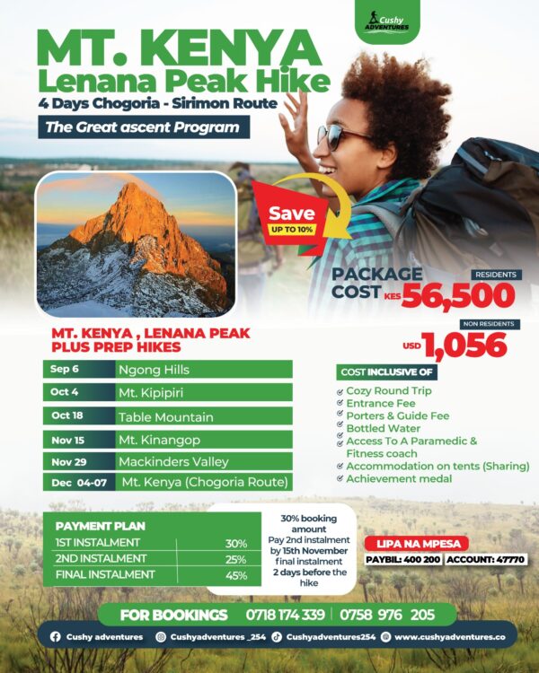 Poster showing the Great Ascent Hiking Program itinerary with Mt. Kenya training program prep hikes from Ngong Hills to Mackinder’s Valley, leading to a December 2025 summit attempt.